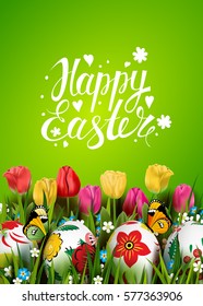 Template vector card with realistic eggs, grass, butterfly and tulips. Handwriting inscription Happy Easter. Bright green background. Floral Russian painted. Lettering, calligraphy. 3D.