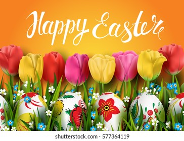 Template vector card with realistic eggs, grass and tulips. Handwriting inscription Happy Easter. Bright yellow background. Floral Russian painted. Lettering, calligraphy. 3D.