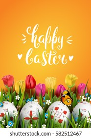 Template vector card with realistic eggs, grass, butterfly and tulips. Handwriting inscription Happy Easter. Bright yellow background. Russian painted. Lettering, calligraphy. 3D.