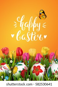 Template vector card with realistic eggs, grass, butterfly and tulips. Handwriting inscription Happy Easter. Bright yellow background. Floral Russian painted. Lettering, calligraphy. 3D.