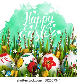 Template vector card with realistic eggs and flowers. Handwriting inscription Happy Easter. Green watercolor background. Willow branch and dandelions.  Lettering, calligraphy. 3D. 