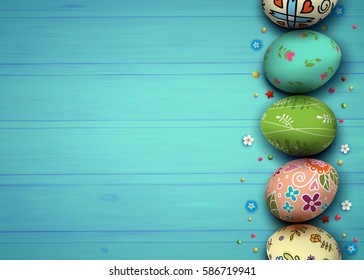 Template vector card with realistic eggs and flowers. Happy Easter. Wood blue background. 3D. 