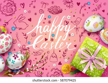 Template vector card with realistic eggs, gift box and flowers. Handwriting inscription Happy Easter. Willow branch and dandelions.  Lettering, calligraphy. 3D. Doodles hand drawn elements.