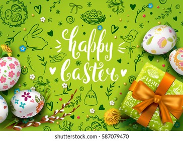 Template vector card with realistic eggs, gift box and flowers. Handwriting inscription Happy Easter. Green background. Willow branch and dandelions.  Lettering, calligraphy. 3D. Doodles elements.