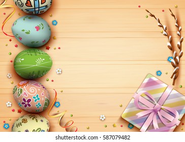 Template vector card with realistic eggs, gift box and flowers. Happy Easter. Wood background. Willow branch. 3D. 