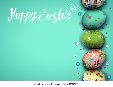 Template vector card with realistic eggs and flowers. Handwritten inscription Happy Easter . Blue background. 3D. Brush lettering, calligraphy.