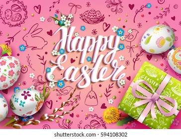 Template vector card with realistic eggs, gift box and flowers. Handwriting inscription Happy Easter. Pink background. Willow branch and dandelions.  Lettering, calligraphy. 3D. Doodles elements.