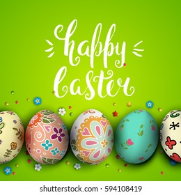 Template vector card with realistic eggs and flowers. Handwritten inscription Happy Easter. Green background. 3D. Brush lettering, calligraphy.