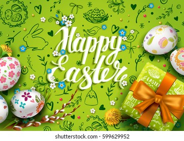 Template vector card with realistic eggs, gift box and flowers. Handwriting inscription Happy Easter. Green background. Willow branch and dandelions.  Lettering, calligraphy. 3D. Doodles elements.