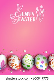 Template vector card with realistic eggs and flowers. Handwritten inscription Happy Easter and bunny. Modern calligraphy. Brush lettering. Pink background. 3D. 
