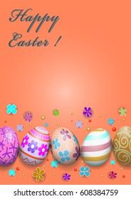 Template vector card with realistic eggs and flowers. Happy Easter.