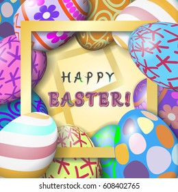 Template vector card with realistic eggs. Happy Easter. 3D.