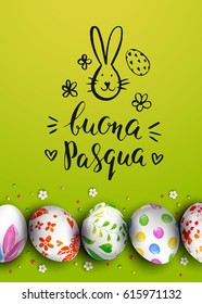 Template vector card with realistic eggs and flowers. Handwritten Italian inscription Happy Easter and bunny. Modern calligraphy. Brush lettering. Green background. 3D. 