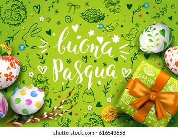 Template vector card with realistic eggs, gift box and flowers. Handwritten Italian inscription Happy Easter. Green background. Willow branch and dandelions.  Lettering, calligraphy. 3D. Doodles.