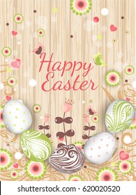 Template vector card with realistic eggs and flowers. Handwriting inscription Happy Easter.