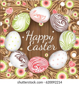 Template vector card with realistic eggs. Handwriting inscription Happy Easter