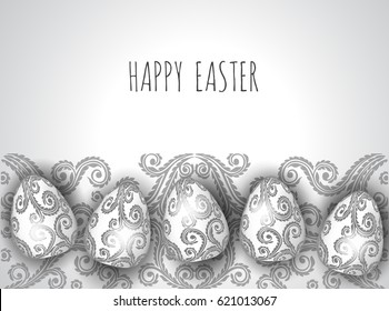 Template vector card with realistic eggs and flowers. Frame. Handwriting inscription Happy Easter.3D.