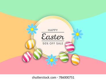 Template vector card with realistic eggs and flowers. Easter sale banner background template with beautiful colorful spring flowers and eggs. Vector illustration.
