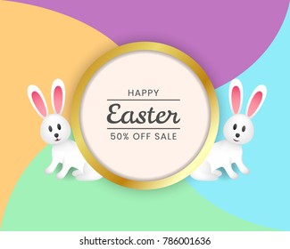Template vector card with realistic eggs, rabbits and flowers. Easter sale banner background template with beautiful colorful spring flowers and eggs. Vector illustration. Easter rabbit with Easter eg
