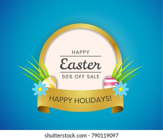 Template vector card with realistic eggs and flowers. Easter sale banner background template with beautiful colorful spring flowers and eggs. Vector illustration.