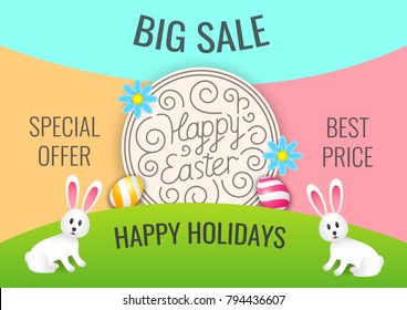 Template vector card with realistic eggs, rabbits and flowers. Easter sale banner with colorful spring flowers and eggs. Happy Easter calligraphy lettering. Easter rabbit with Easter egg illustration.