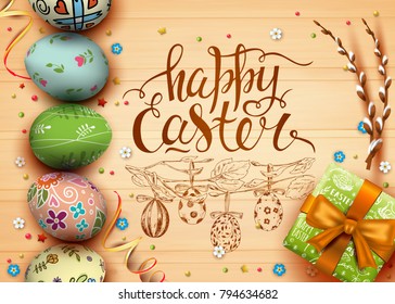Template vector card with realistic eggs, gift box and flowers. Handwritten inscription Happy Easter. Wood background. Willow branch. 3D. 