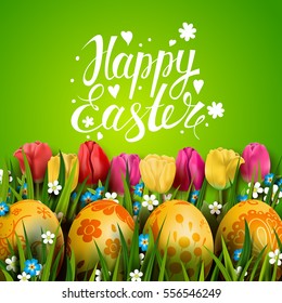 Template vector card with realistic golden eggs, grass and tulips. Handwriting inscription Happy Easter. Bright green background. Floral painted. Lettering, calligraphy. 3D.