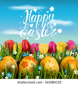 Template vector card with realistic golden eggs, grass and tulips. Handwriting inscription Happy Easter. Bright pink  background. Floral painted. Lettering, calligraphy. 3D. Blue sky.