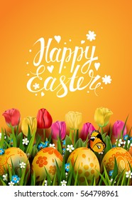 Template vector card with realistic golden eggs, grass, butterfly and tulips. Handwriting inscription Happy Easter. Bright yellow background. Floral painted. Lettering, calligraphy. 3D.