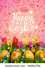 Template vector card with realistic golden eggs, grass, butterfly and tulips. Handwriting inscription Happy Easter. Pink background. Floral painted. Lettering, calligraphy. 3D. Hand drawn doodles.