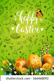 Template vector card with realistic golden eggs, grass and flowers. Handwriting inscription Happy Easter. Bright green background. Willow and dandelions. Floral painted. Lettering, calligraphy. 3D.