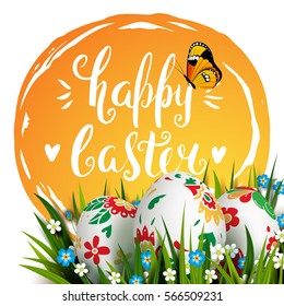 Template vector card with realistic golden eggs, grass, butterfly and flowers. Handwriting inscription Happy Easter. Bright yellow background. Floral Russian painted. Lettering, calligraphy. 3D.