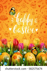 Template vector card with realistic golden eggs, grass, butterfly and tulips. Handwriting inscription Happy Easter. Bright yellow background. Doodles. Lettering, calligraphy. 3D.