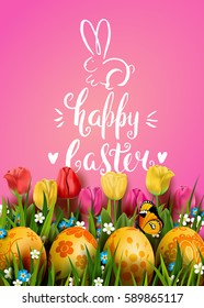 Template vector card with realistic golden eggs, grass, butterfly, bunny and tulips. Handwriting inscription Happy Easter. Bright pink background. Floral painted. Lettering, calligraphy. 3D.
