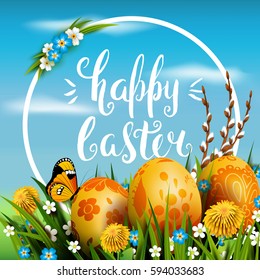 Template vector card with realistic golden eggs and flowers. Handwriting inscription Happy Easter. Sunny background. Willow branch and dandelions. Floral painted. Calligraphy. 3D. Frame. Blue sky.