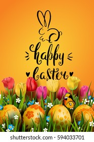 Template vector card with realistic golden eggs, grass, butterfly, bunny and tulips. Handwriting inscription Happy Easter. Bright yellow background. Floral painted. Lettering, calligraphy. 3D.