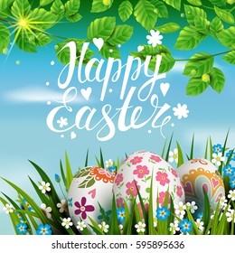 Template vector card with realistic golden eggs, grass and flowers. Handwriting inscription Happy Easter. Bright sunny green background. Tree branches. Floral painted. Lettering, calligraphy. 3D.
