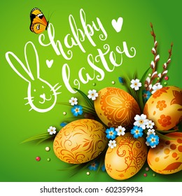 Template vector card with realistic golden eggs, grass and flowers. Handwriting inscription Happy Easter and bunny. Bright green background. Willow branch. Lettering, calligraphy. 3D.
