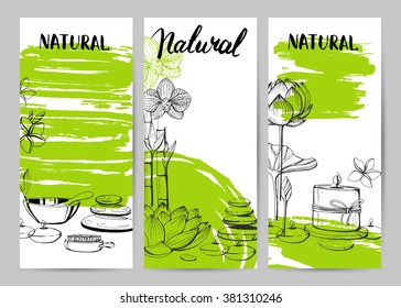 Template vector card. SPA procedure. Set of vector hand drawn elements. Natural stones, flowers and candle. Sketch. Accessories. Lettering.