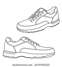 Plantilla vectorial de zapatos de zapatillas casuales. Esquema de diseño plano de la ilustración del doodle vectorial, aislado en un fondo blanco.