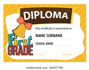 template vector of child diploma or certificate to be awarded to the first graders at school