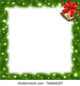 Template with vector christmas tree branches and space for text. Realistic fir-tree border, frame with red bow isolated on white. Great background for christmas cards, banners, flyers, party posters.