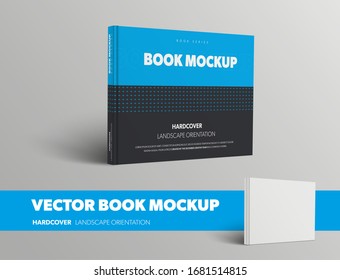 Template of vector closed standing book, front view, in blue and black hardcover, isolated on gray background. Mockup object of standard size landscape orientation, for presentation of design.