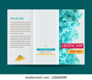 Template vector design for trifold brochure with blue paint, ink cloud. Editable, bright. Proportionally for A4 size