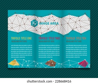 Template vector design for trifold brochure with brown polygonal grid place for photos, colorful polygons. Editable, bright. Proportionally for A4 size