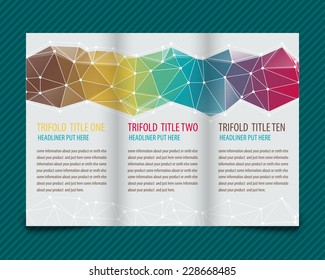 Template vector design for trifold brochure with colorful polygons and white polygonal grid. Editable, bright. Proportionally for A4 size