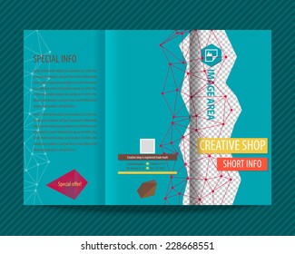 Template vector design for trifold brochure with red polygonal grid. Editable, bright. Proportionally for A4 size