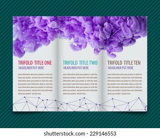 Template vector design for trifold brochure with purple paint, ink cloud. Editable, bright. Proportionally for A4 size