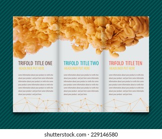 Template vector design for trifold brochure with yellow paint, ink cloud a. Editable, bright. Proportionally for A4 size