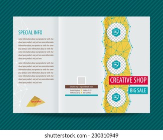 Template vector design for trifold brochure with polygonal grid and places for photos, yellow polygons. Editable, bright. Proportionally for A4 size